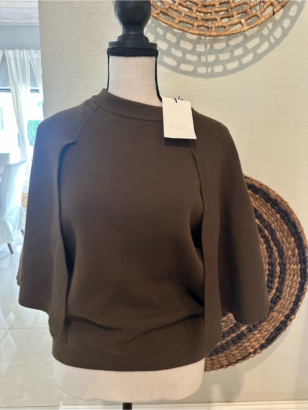 ZARA Brown Cape-Sleeve Crewneck Sweater NWT